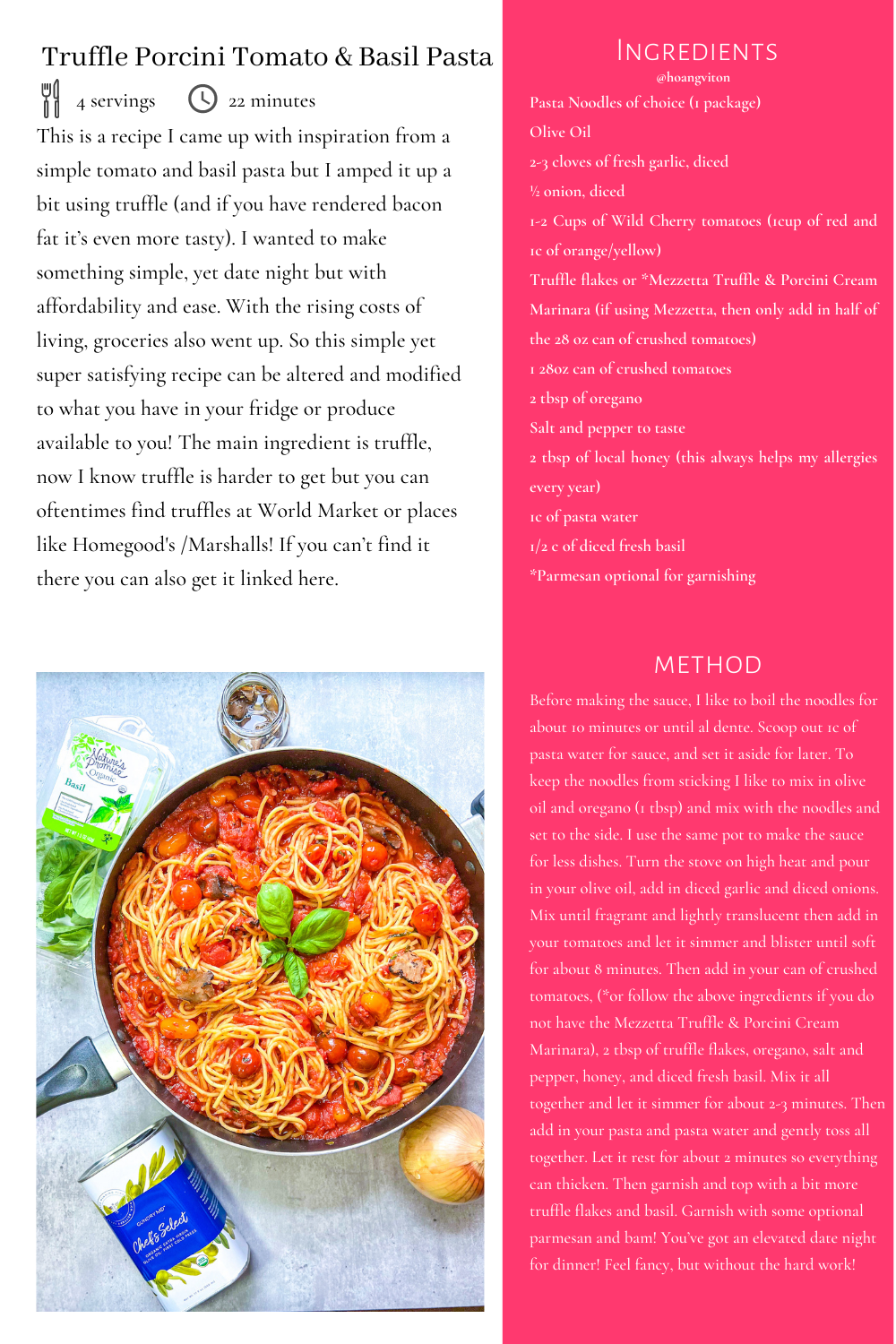 Hoang Vi Fessenden Truffle Porcini Tomato and Basil Pasta recipe